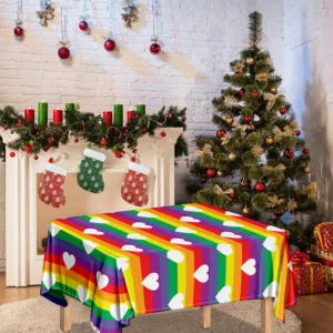 White Heart On LGBT Pride Striped Print Tablecloth Kitchen Decor Home Decor