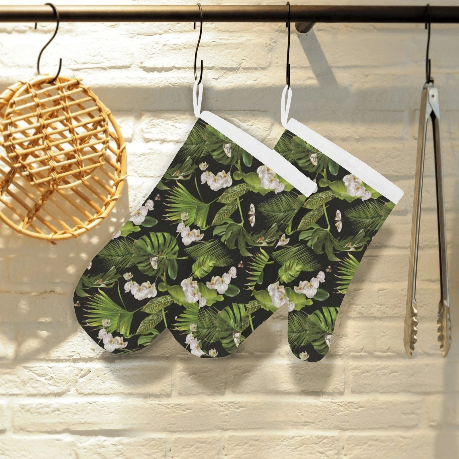 White Orchid Flower Tropical Leaves Pattern Background Heat Resistant Oven Mitts Pot Holders Set White Orchid Flower Tropical Leaves Pattern Background Heat Resistant Oven Mitts Pot Holders Set