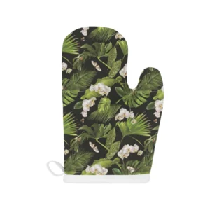 White Orchid Flower Tropical Leaves Pattern Background Heat Resistant Oven Mitts Pot Holders Set