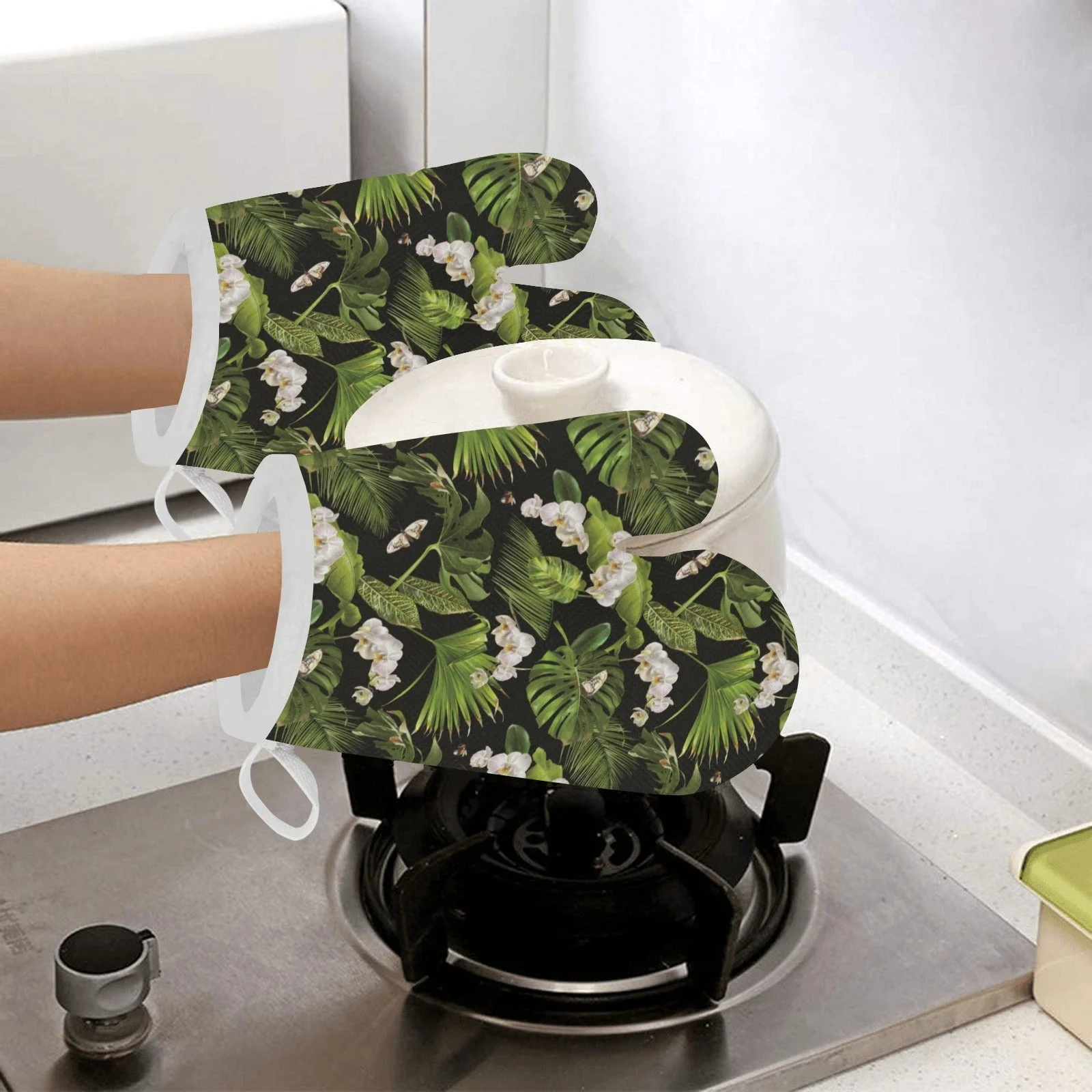 White Orchid Flower Tropical Leaves Pattern Background Heat Resistant Oven Mitts Pot Holders Set White Orchid Flower Tropical Leaves Pattern Background Heat Resistant Oven Mitts Pot Holders Set
