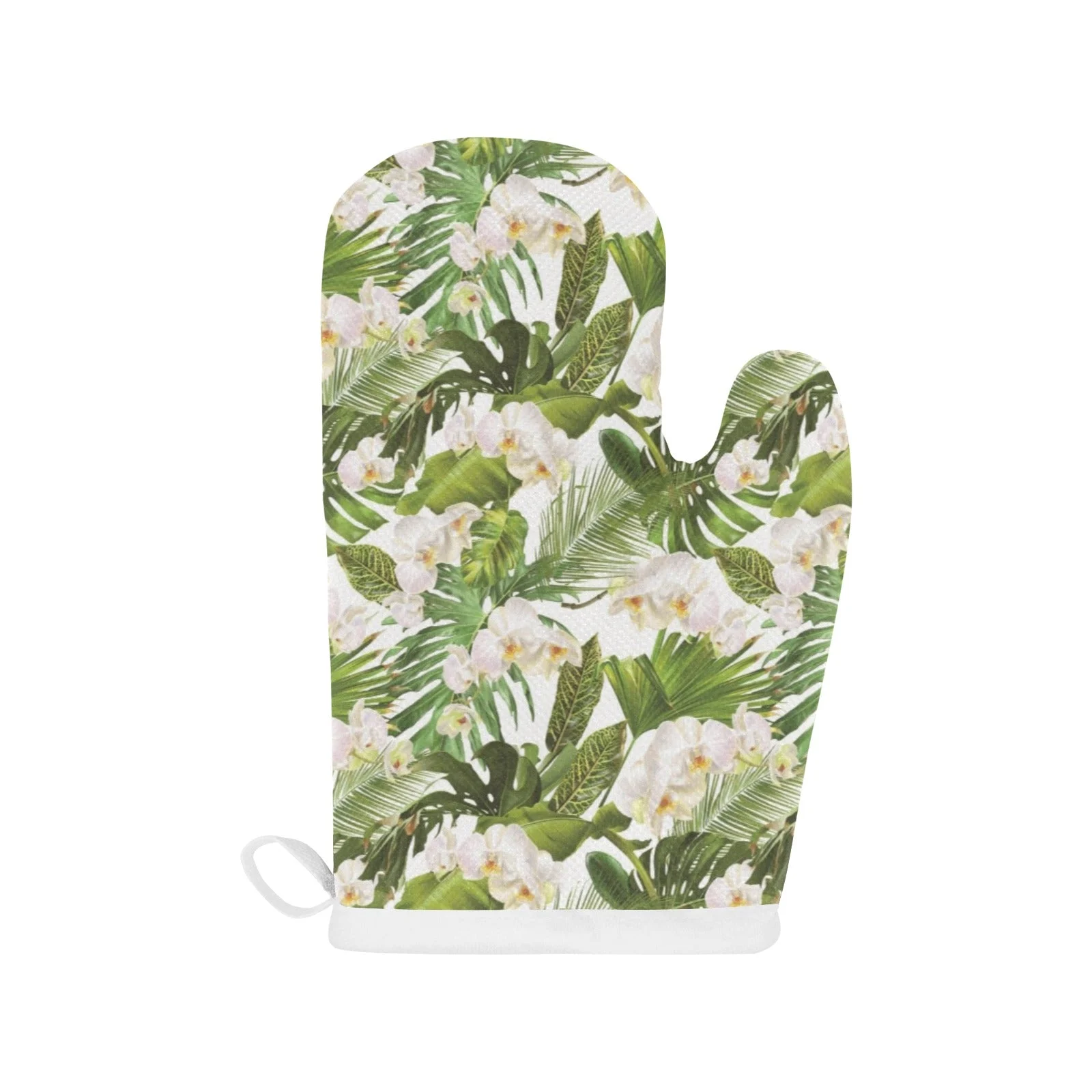 White Orchid Flower Tropical Leaves Pattern Heat Resistant Oven Mitts Pot Holders Set White Orchid Flower Tropical Leaves Pattern Heat Resistant Oven Mitts Pot Holders Set