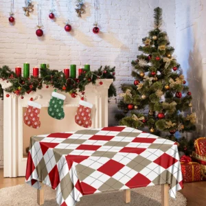 White Red And Beige Argyle Pattern Print Tablecloth Kitchen Decor Home Decor