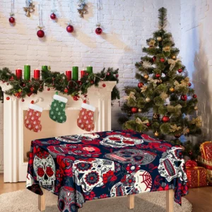 White Red Sugar Skull Pattern Print Tablecloth Kitchen Decor Home Decor