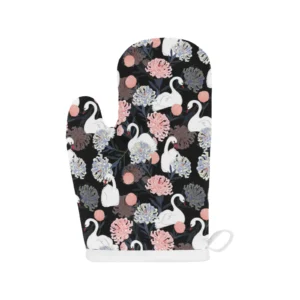 White Swan Blooming Flower Pattern Heat Resistant Oven Mitts Pot Holders Set