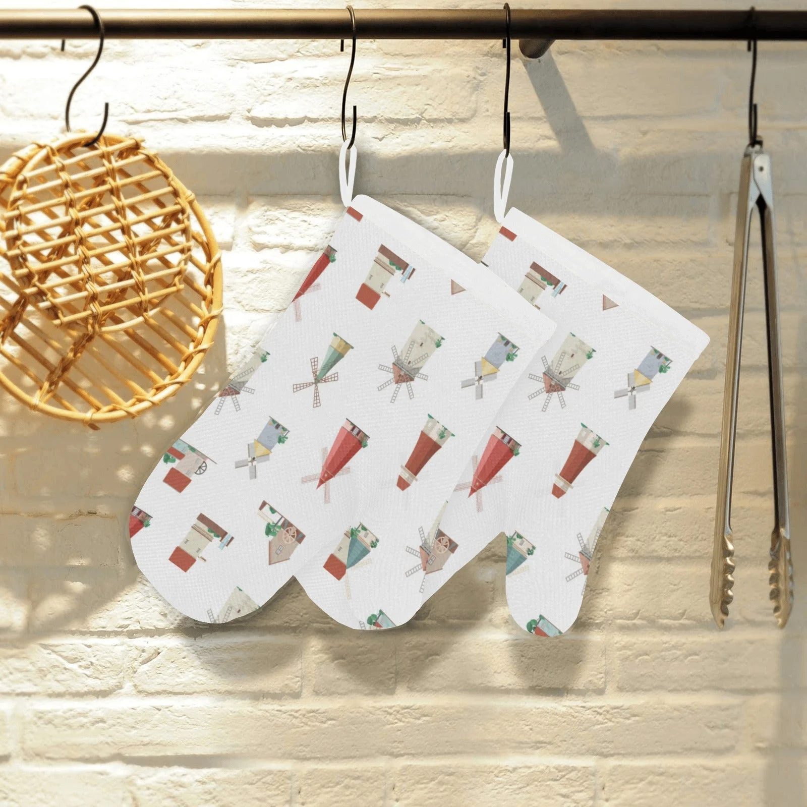 Windmill Design Pattern Heat Resistant Oven Mitts Pot Holders Set Windmill Design Pattern Heat Resistant Oven Mitts Pot Holders Set