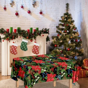 Xmas Poinsettia Pattern Print Tablecloth Kitchen Decor Home Decor