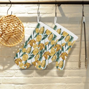 Yellow Tulips Pattern Heat Resistant Oven Mitts Pot Holders Set