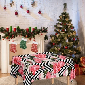 Zigzag Peony And Rose Pattern Print Tablecloth Kitchen Decor Home Decor
